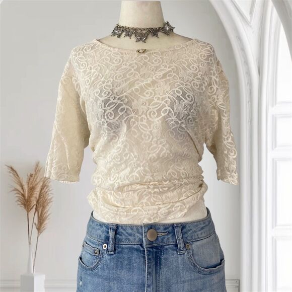 Tops - Pastille Whimsical Coquette Fairy Sheer White Cream Lace Blouse Top One Size